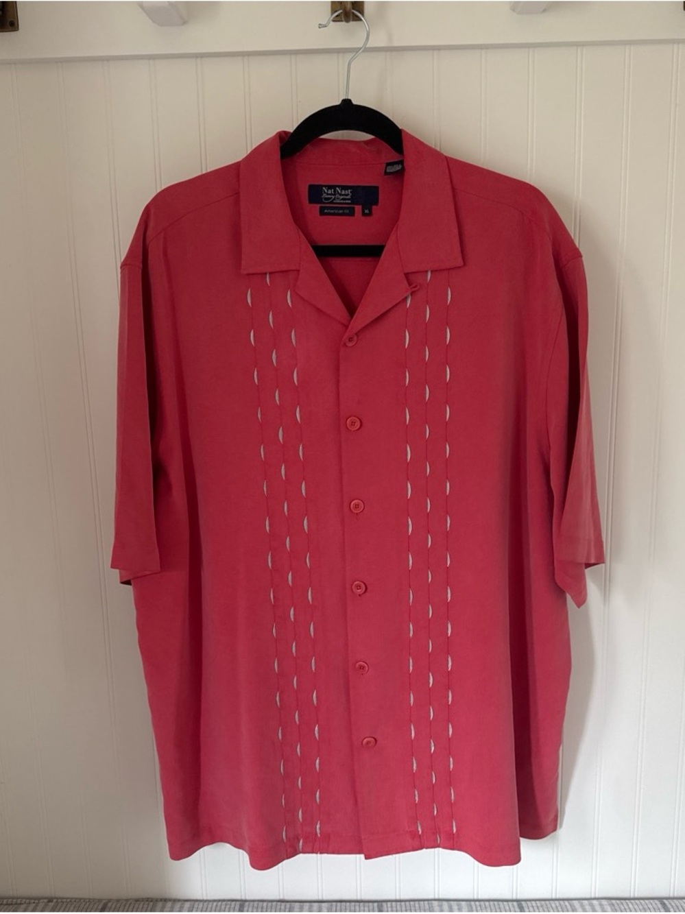 Nat Nast 100% Silk Men's Dusty Coral Short Sleeve Guayabera Style Shirt size XL